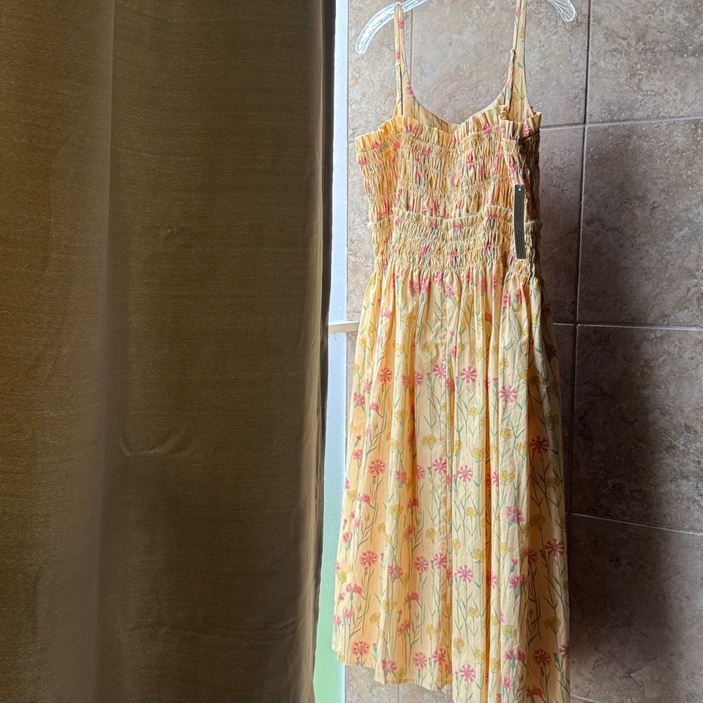 Anthropologie Hutch Sleeveless Smocked Midi Dress Gold Floral Ruffles Pockets L - Picture 5 of 16
